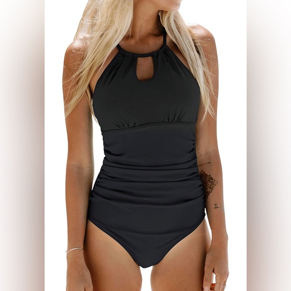 Black One Piece Swimsuit High Neck Tummy Control Swimwear Bathing Suit SIZE M - Picture 4 of 6